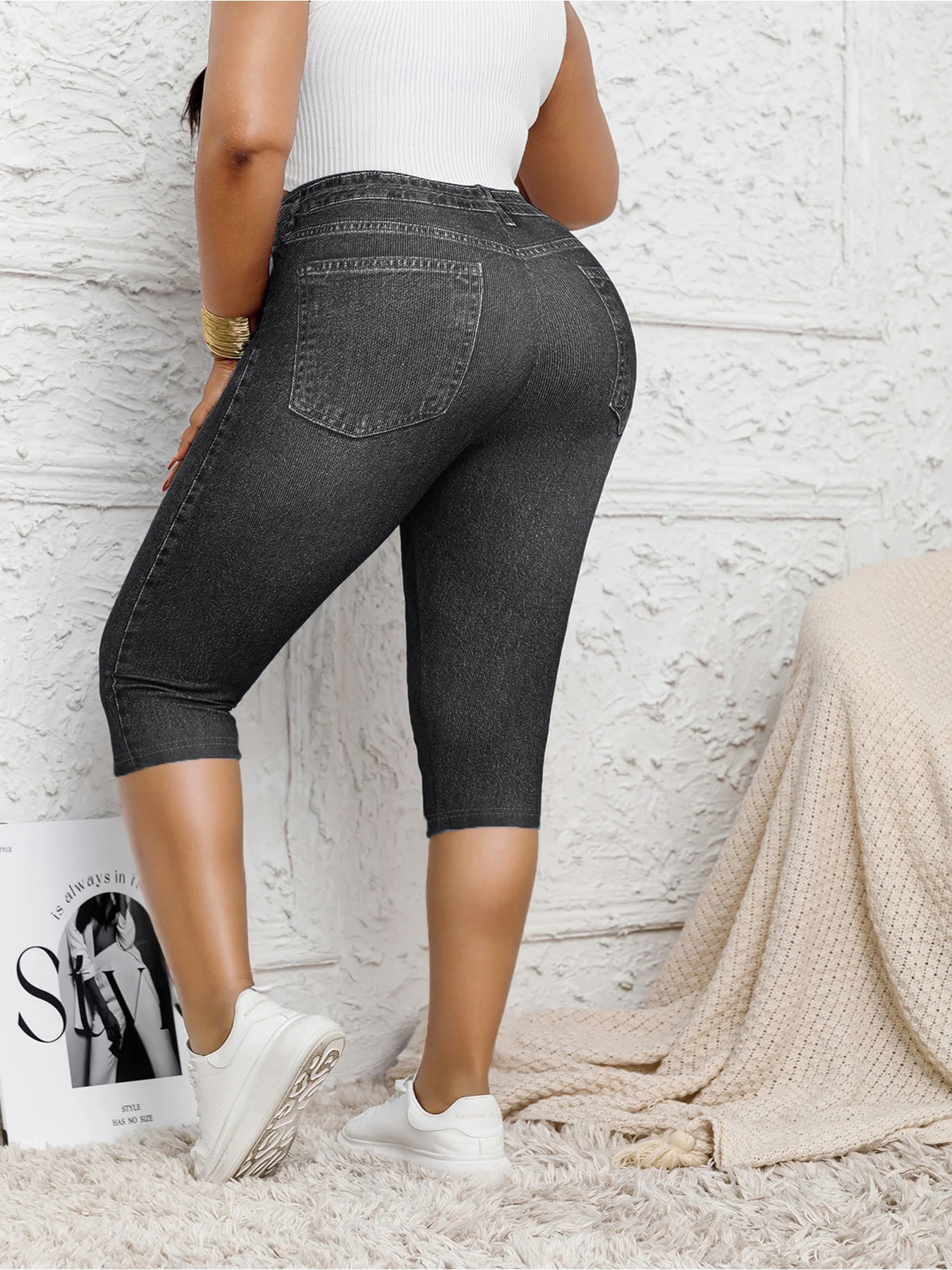 3PC Plus Size High Stretch Capri Pants Denim Print All-Over Knit Base Layer for Outdoor Sports