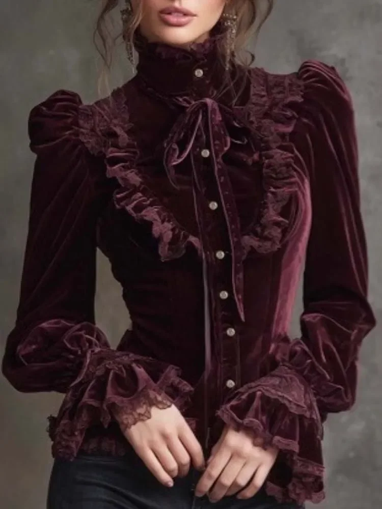 Retro elegant slim fit pleated button up shirt top, winter gold velvet lace patch high neck women's shirt