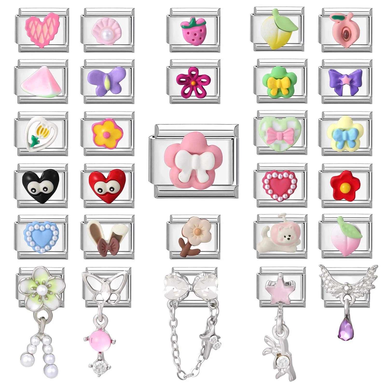 Kawaii 3D Heart Bow Peach Rabbit Ears Italian Charm Links Fit 9mm Stainless Steel Bracelet Women Jewelry DIY Making