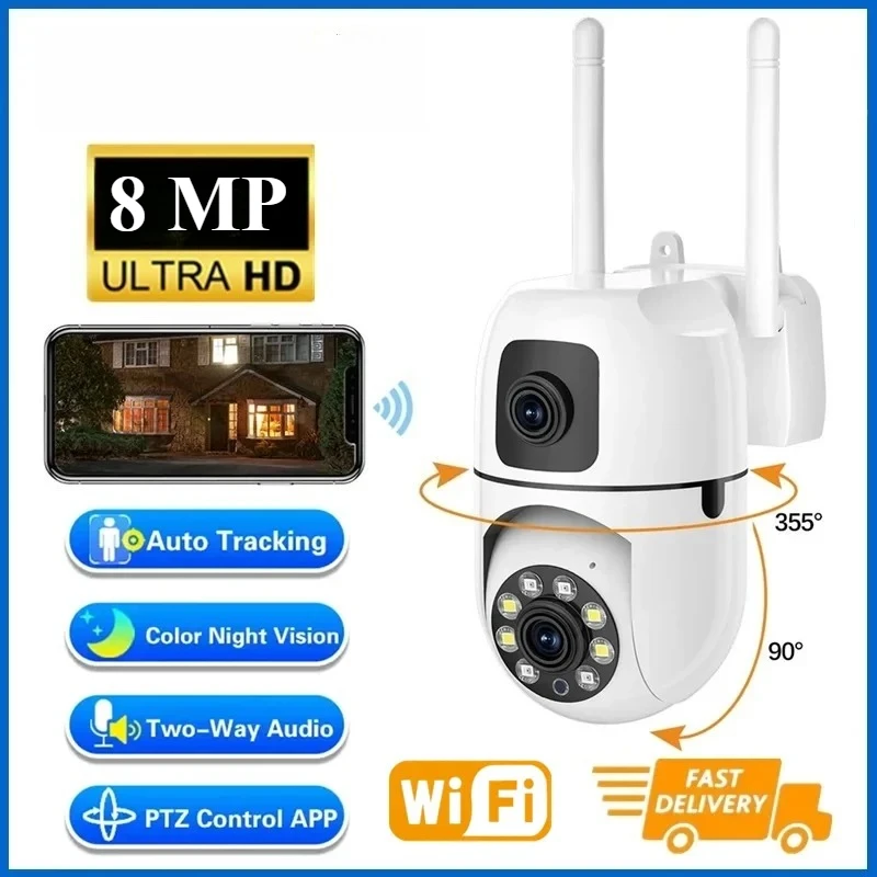 8MP WIFI Security Camera Dual Lens Dual Screen IP PTZ Cameras Wireless Auto Tracking Color Night Vision 5X Digital Zoom CCTV Cam