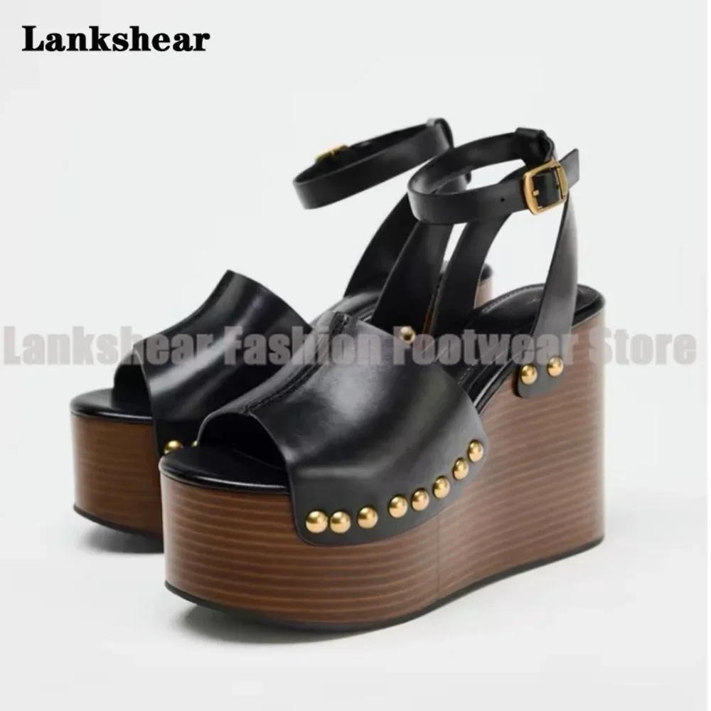 

Platform Metal Rivet Wedge Heels Sandals Women Shoes Summer Ankle Buckle Strap Luxury Designer Sandalias De Mujer Verano