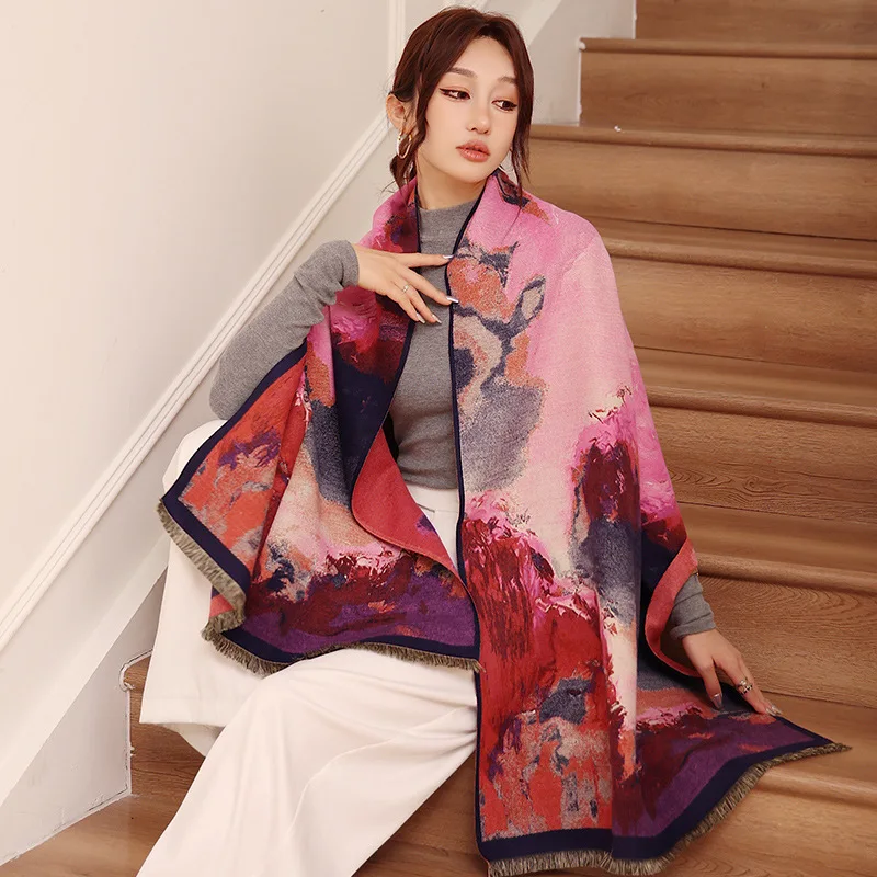 2026 Oil Painting Wrap Faux Cashmere Scarf Women Autumn Winter Warm Thick Neck Warmer Soft Korean Style Long Pashmina Stole Gift
