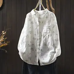 2026 Women's Floral Print Cotton Yarn Button Down Shirt Japanese Style Long Sleeve Casual Loose Blouse with Pocket
