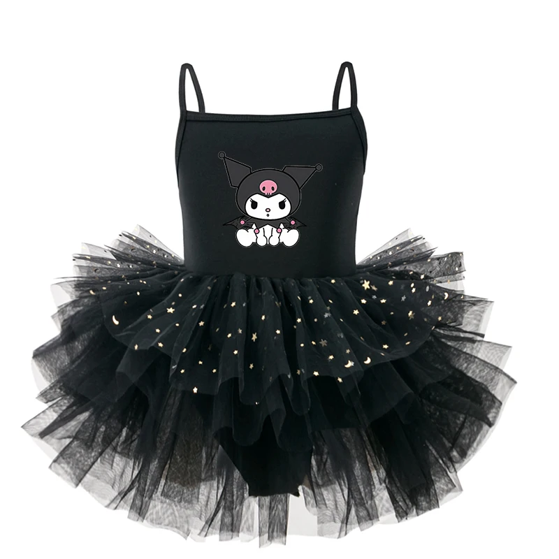 Anime Kawaii Hello Kitty Kuromi My Melody Girls Summer Sleeveless Dress Sanrios Children Princess Ballet Shiny Fluffy Mesh Skirt