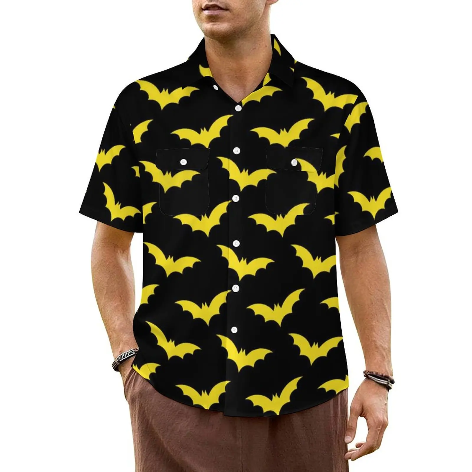 

Gothic Art Print Vacation Shirt Men Halloween Yellow Bats Loose Casual Shirts Summer Short-Sleeve Fashion Oversized Blouses