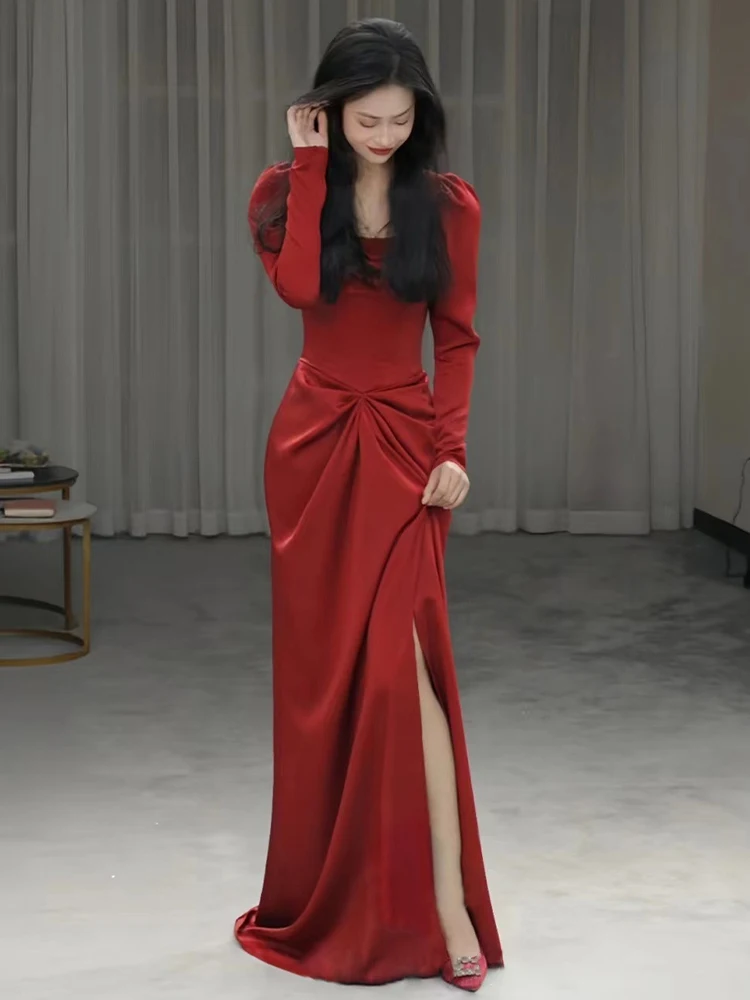 

Ele Red Satin Long Sve Wedding Dr Luxury Evening Gown for Bridal ower And Wedding Ceremony Slim Fit U Neline