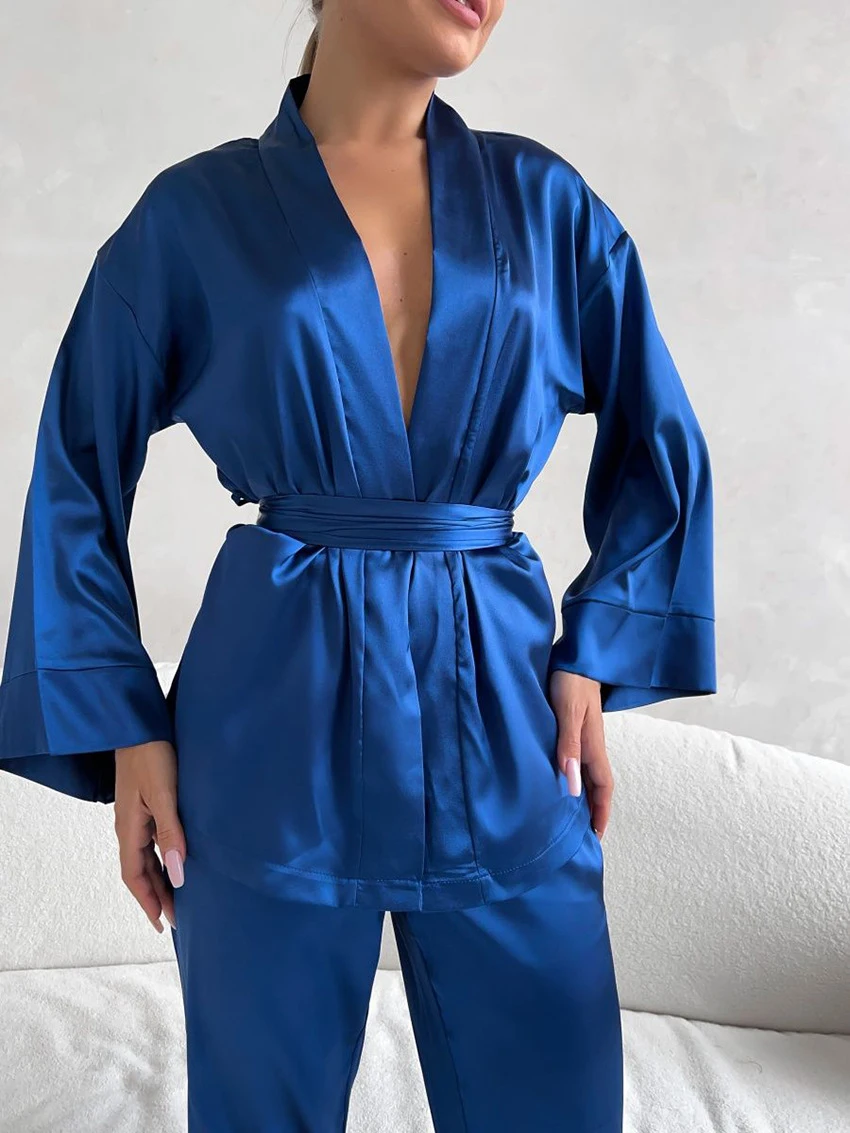 Marthaqiqi Fashion Female Sleepwear Suits Sexy V-Neck Nightwear Lace Up Pajamas Long Sleeve Nightgowns Pants Autumn Home Clothes