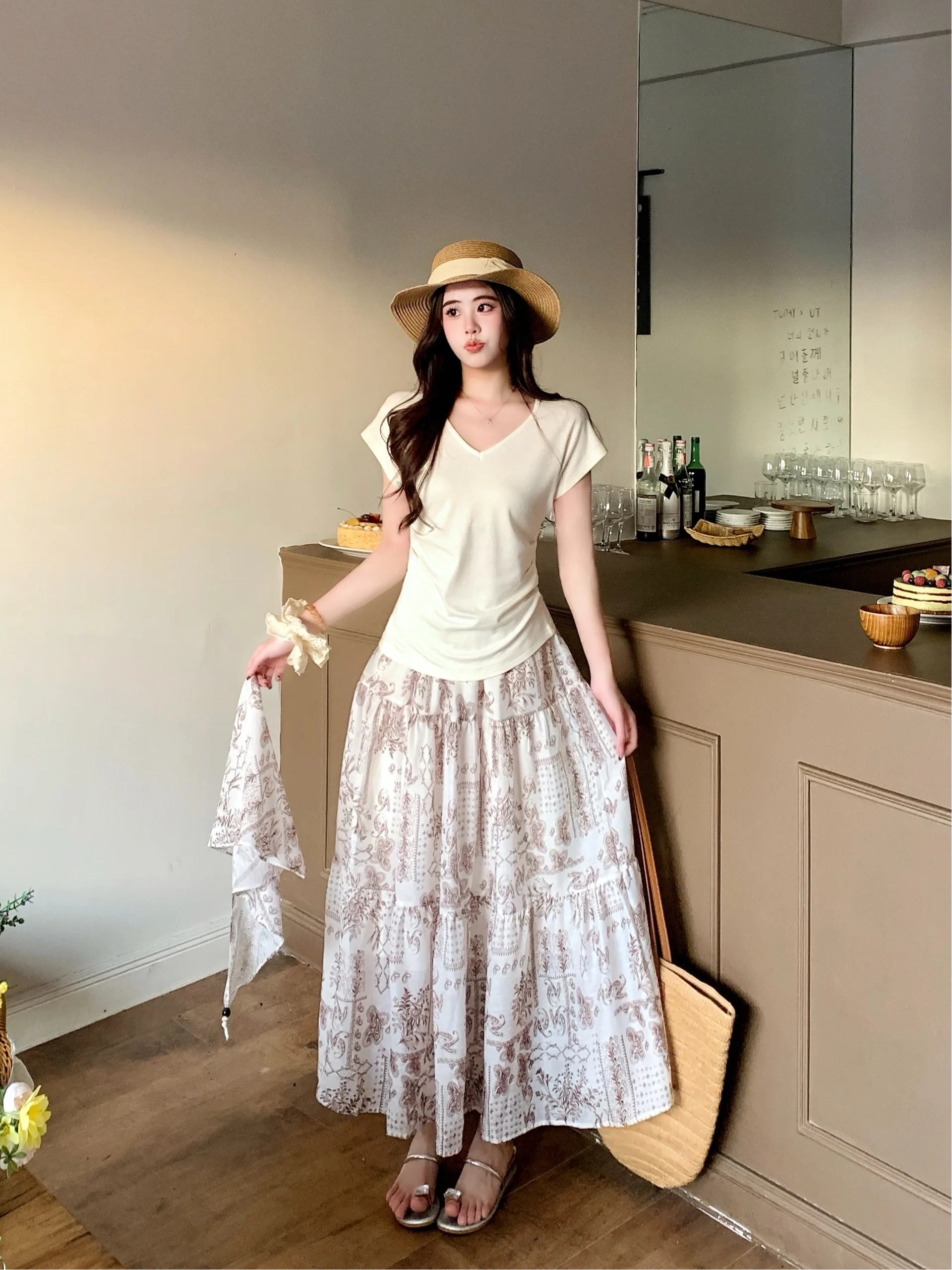 

plus Size Fashionable Knitted Set Summer New Design Versatile Slimming Short Sleeve Print Half-length Skirt A-line Korean Style