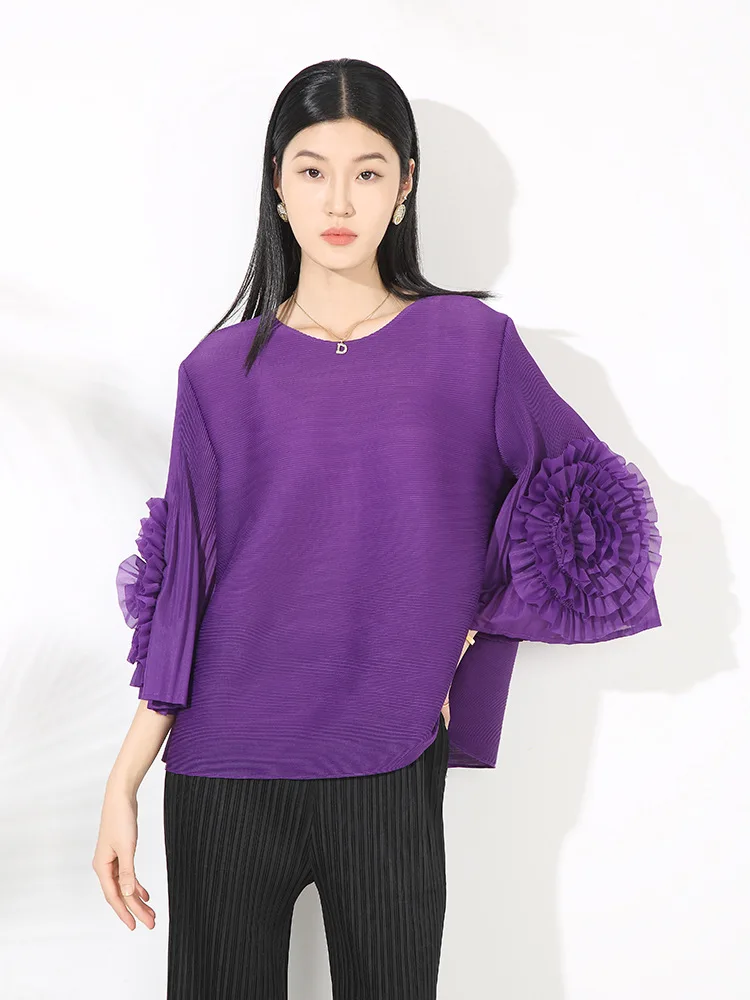 Miyake-Camiseta plisada con cuello redondo para mujer, Top informal elástico ajustado con flores, talla grande, a la moda y versátil, 2025