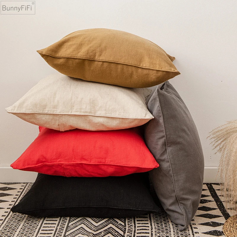 Solid Pillow Case Cotton Linen Cushion Cover 45x45cm/50x50cm Beige Black Red Grey Home Decorative Fringed For Bed Sofa Chair
