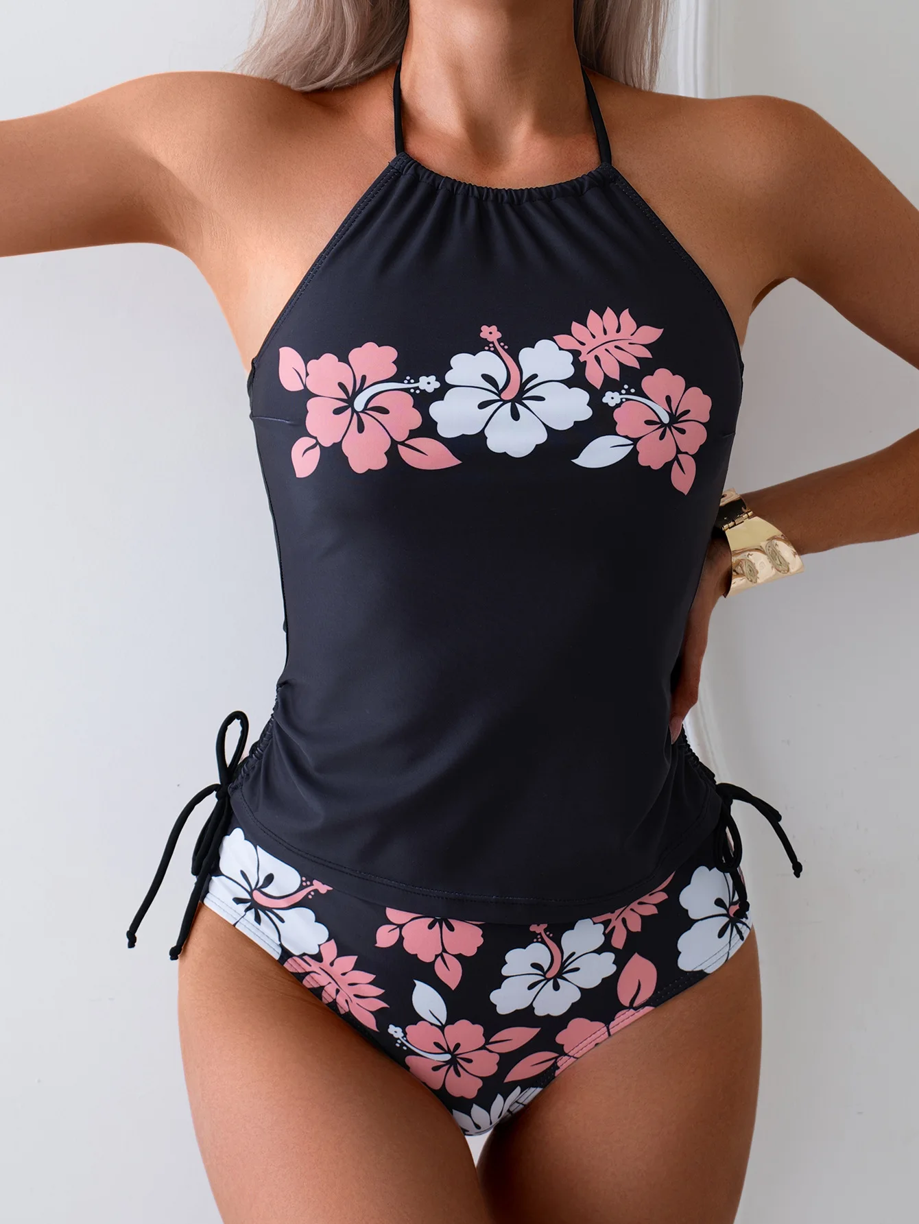 

Summer Halter Floral Printed Vest Tops Holiday Swimsuit High Waisted Bikini Set Tummy Control Swimsuit for Women Two Piece Suits