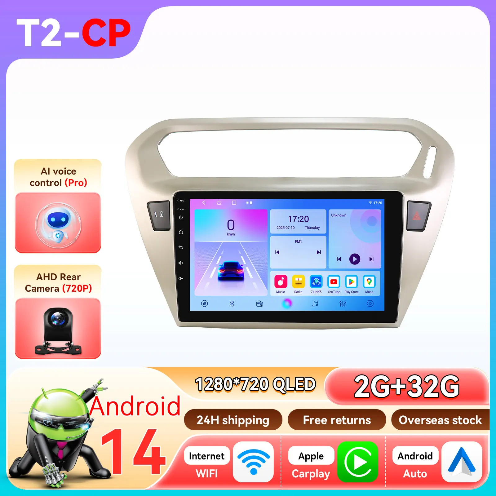 6115 8-Core Android 14 autoradio voor Peugeot 301 Citroen Elysee 2013 - 2018 Carplay multimediaspeler GPS intelligent scherm 2din 360 camera head unit SWC RDS DSP BT 9 inch