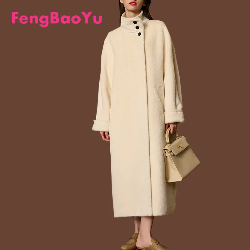 Fengbaoyu High-end Hepburn Style Thickened White Double-sided Suli Alpaca Coat Women's Medium-length Woolen Coat in Winter