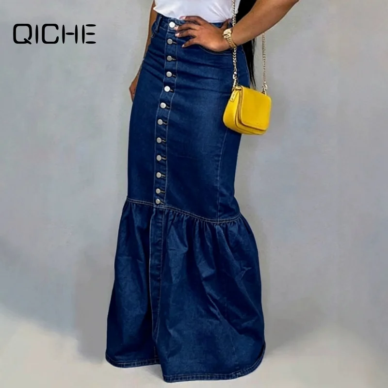 QICHE Women European Vintage Stretch Denim Midi Skirt Single Row Buttons Slim Hip Lifting Cake Casual Jeans Skirt
