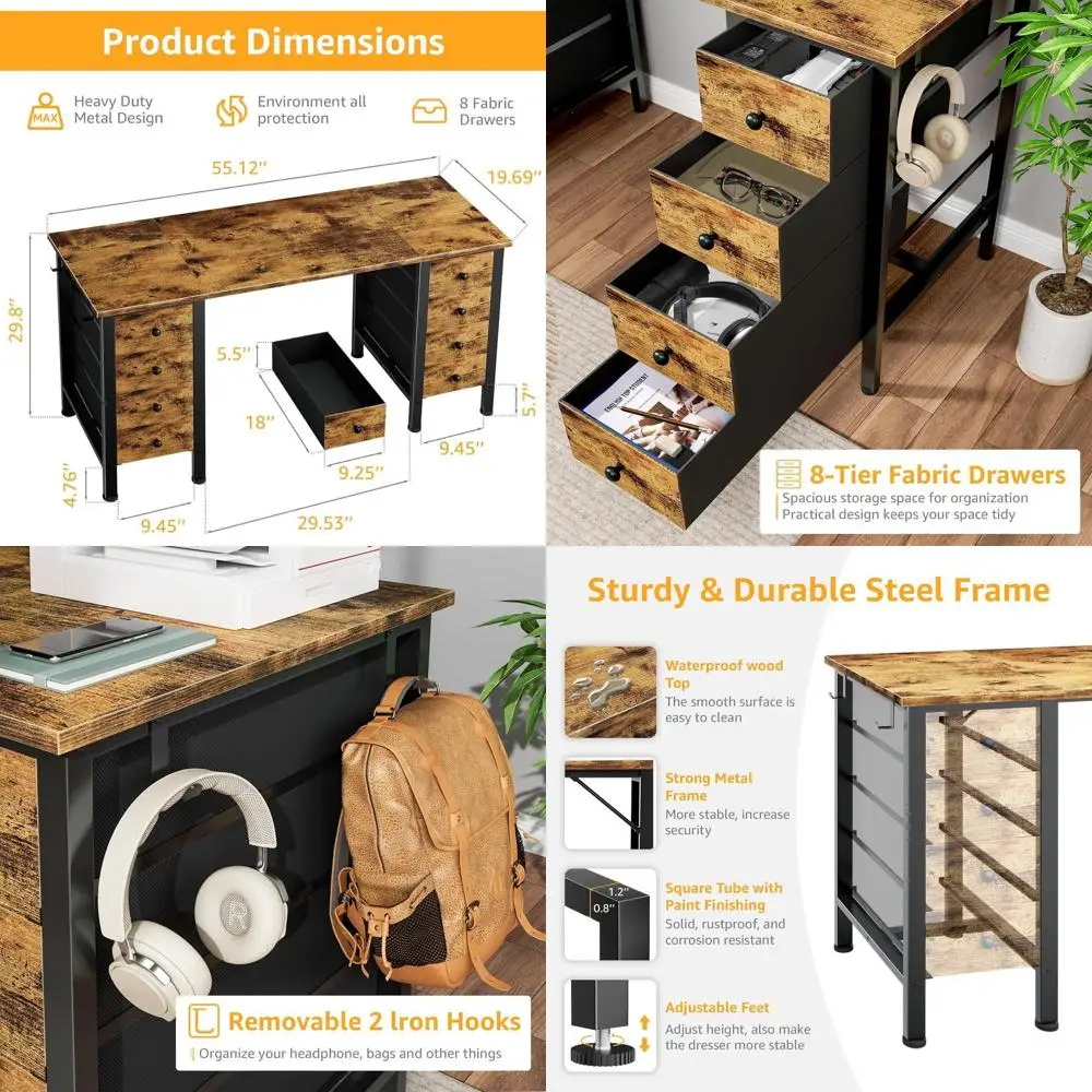 Home Office Desk with Drawers for Storage - 55 inch Computer Desk with 8 Fabric Drawer, Writing Study Work Desks with Drawers on