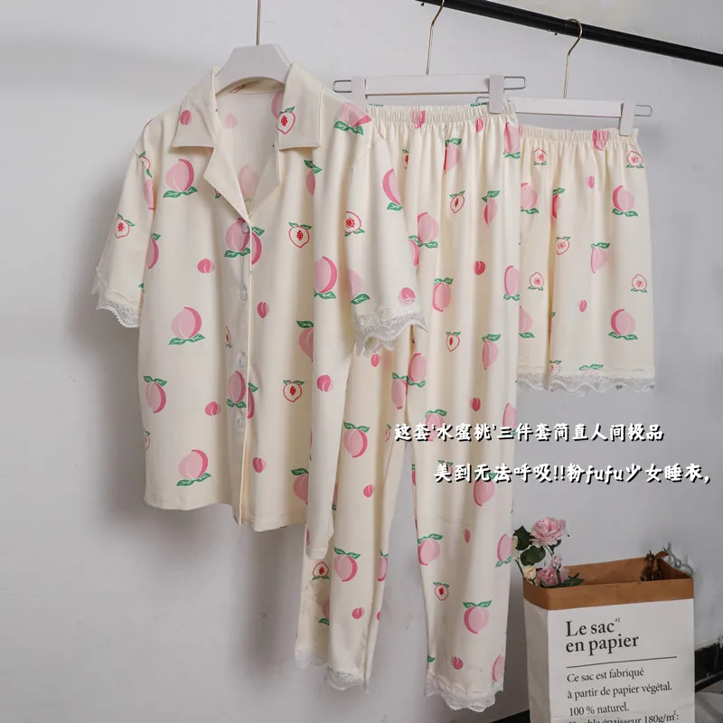 Conjunto de Pijama de satén para mujer, ropa de dormir con pantalones de manga corta y estampado Floral, 3 piezas