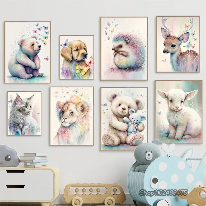 Modern Watercolor Poster Cute Animal Sweet Little Deer Cat Bear Canvas Printing Painting Children Room Wall Art Home Decoration