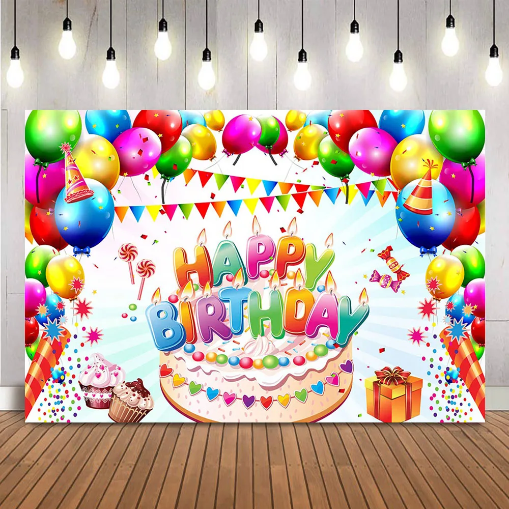 

Happy Birthday Background Cake Colorful Balloons Children Kid Photo Booth Backdrop Surprise Children Theme Party Decoration Prop