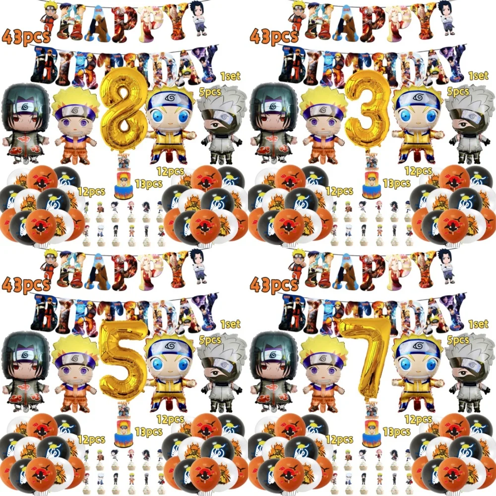 Set de Artículos para Fiesta Temática de Naruto, Decoración para Pastel de Cumpleaños de Niños y Hombres, Pancarta, Mantel, Platos, Globos, Juguetes y Regalos para Baby Shower