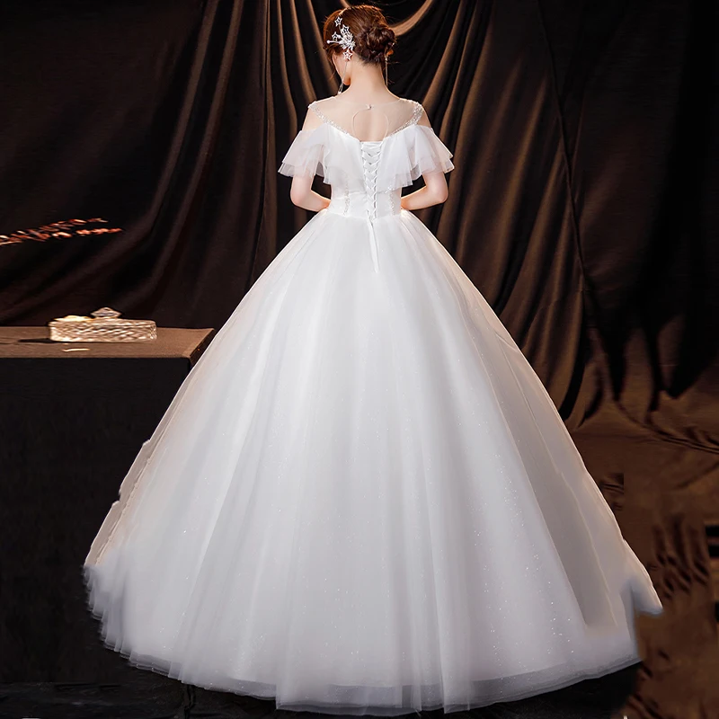 Robe de mariée personnalisée, col rond, manches courtes, paillettes, Tulle blanc, grande taille, longueur au sol, robe de mariée pour femmes