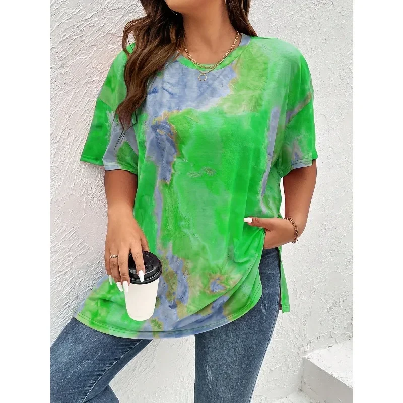 

Plus Size 1XL-5XL New Women's Round Neck T-shirt Tops Ladies Tie Dye Loose Casual Comfortable Short Sleeved T-shirt