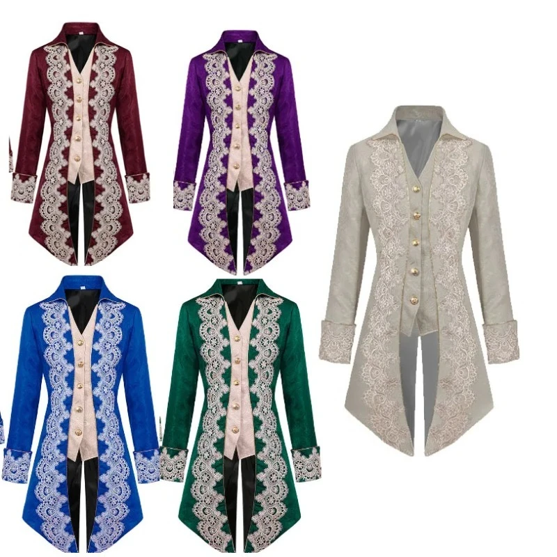 

Мужская готическая викторианская куртка в стиле стимпанк, винтажная золотая кружевная отделка, фрак, средневековый сюртук, униформа, костюм эпохи Возрождения Homme