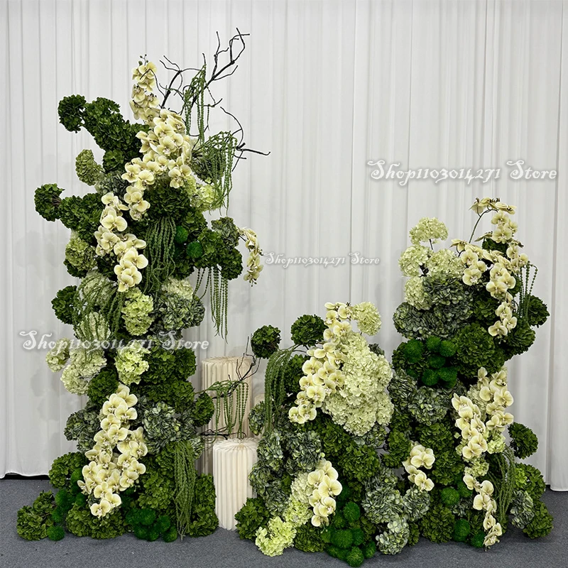 

Green Artificial Hydrangea Orchid Flowers Arrangements For Wedding Backdrop KT Board Table Floral Stage Flower Row Decor Event