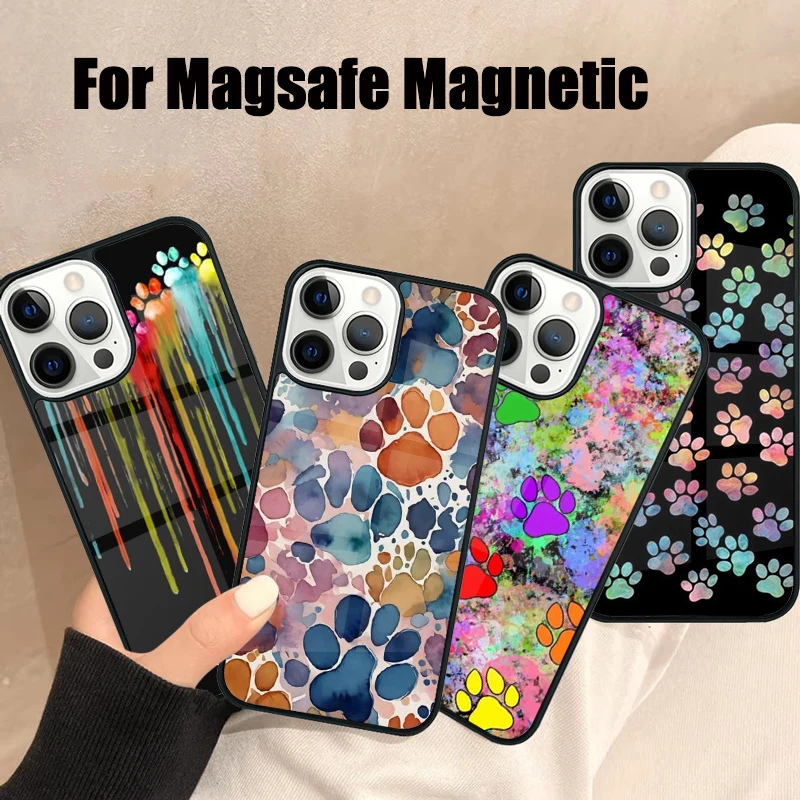 Watercolor Paw Prints Magsafe Phone Case For iPhone 16 15 14 13 12 11 Pro Max Plus Mirror Wireless Magnetic Cover