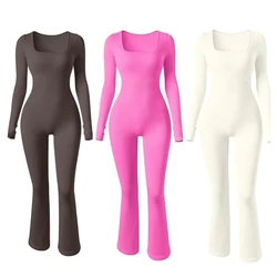 Stylish Long Sleeve Jumpsuit with Flared Pants for Women Square Neck Romper Dropship