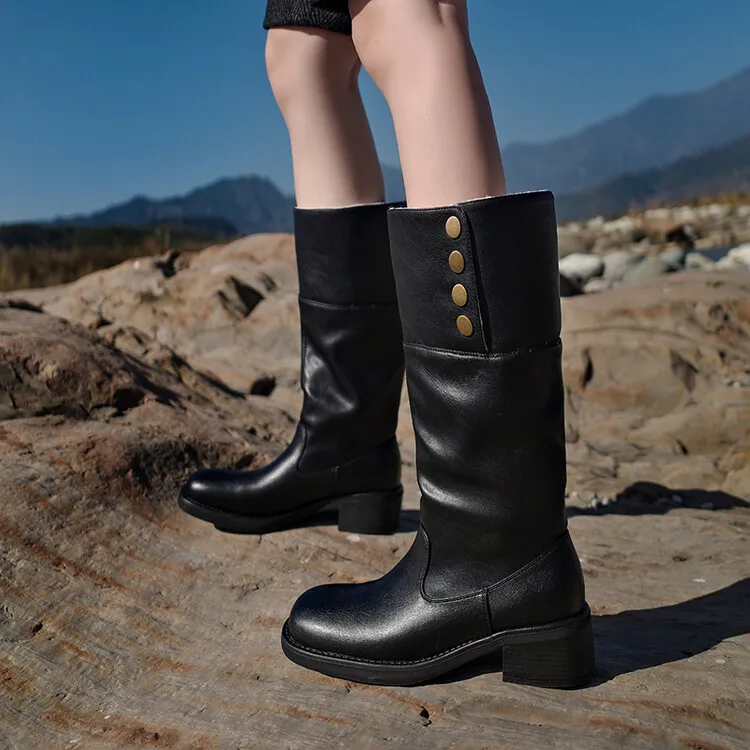 Botas de vaquero occidentales con hebilla de Metal de estilo Punk para mujer, botas de nieve gruesas, tacón cuadrado de cabeza redonda Retro, botas informales