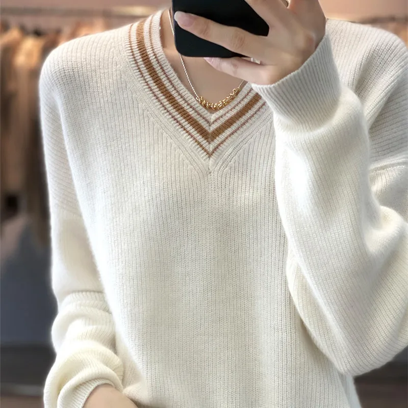 100% Merino Wool Cashmere Sweater Women's V-neck Pullover Autumn /Winter Casual Knit Tops Korean Style Loose Female Jacket Hot