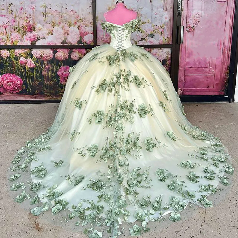 

New Sage Green Tulle 3D Flowers Quinceanera Dress Ball Gown Off The Shoulder Appliques Lace Corset Vestidos De XV Anos