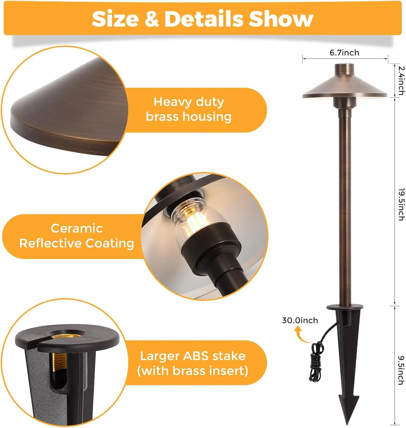 ソリッドブラス低電圧パスウェイライト (6.7インチシェード、高さ21.9インチ)、12V AC/DC高耐久LED景観パスライト屋外有線