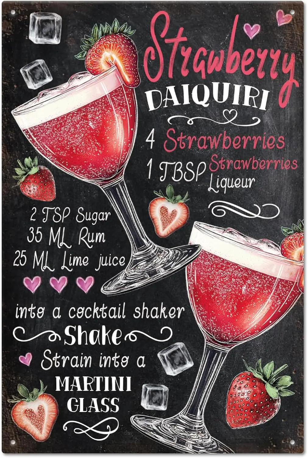 GLOBLELAND Strawberry Daiquiri Metal Tin Sign Strawberry Daiquiri Recipe Vintage Painting Tin Signs 12x8inch Retro Wall Art sign