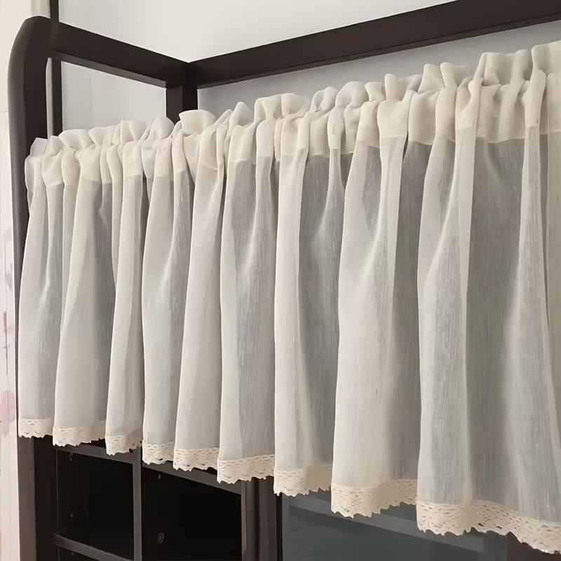 1pc Cream Semi Sheer Window Valance, Light Texture Short Curtain with Lace Trim, Simple Farmhouse Kitchen Cabinet Window Topper