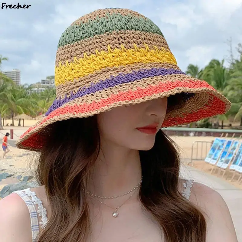 Rainbow Crochet Bucket Hat Summer Women Beach Sun Hats Holiday Panama Fashion Visors Gorros Lady Knitting Floppy 2024 Party Caps