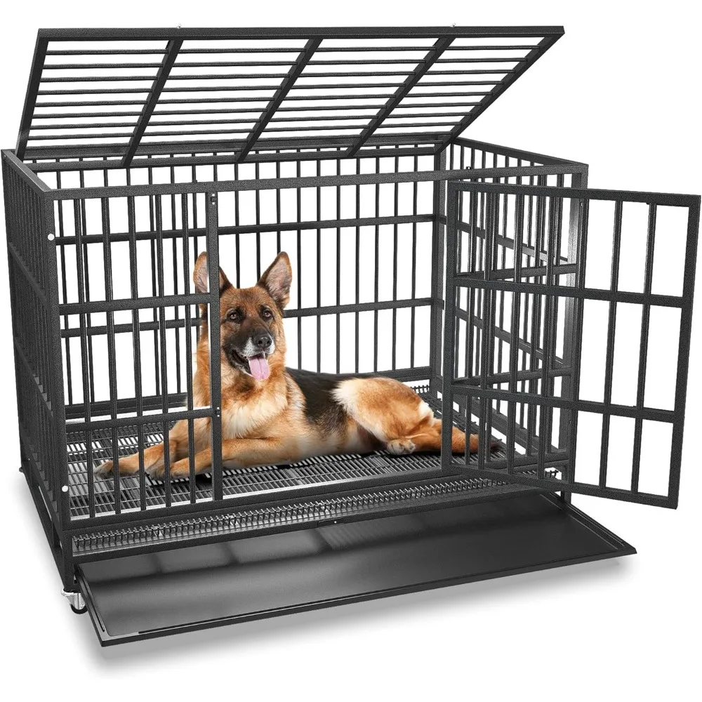 

54/48/42/38 inch Heavy Duty Indestructible and Escape-Proof Dog Crate Cage Kennel for Large Dogs, High Anxiety Dog Crate with Re