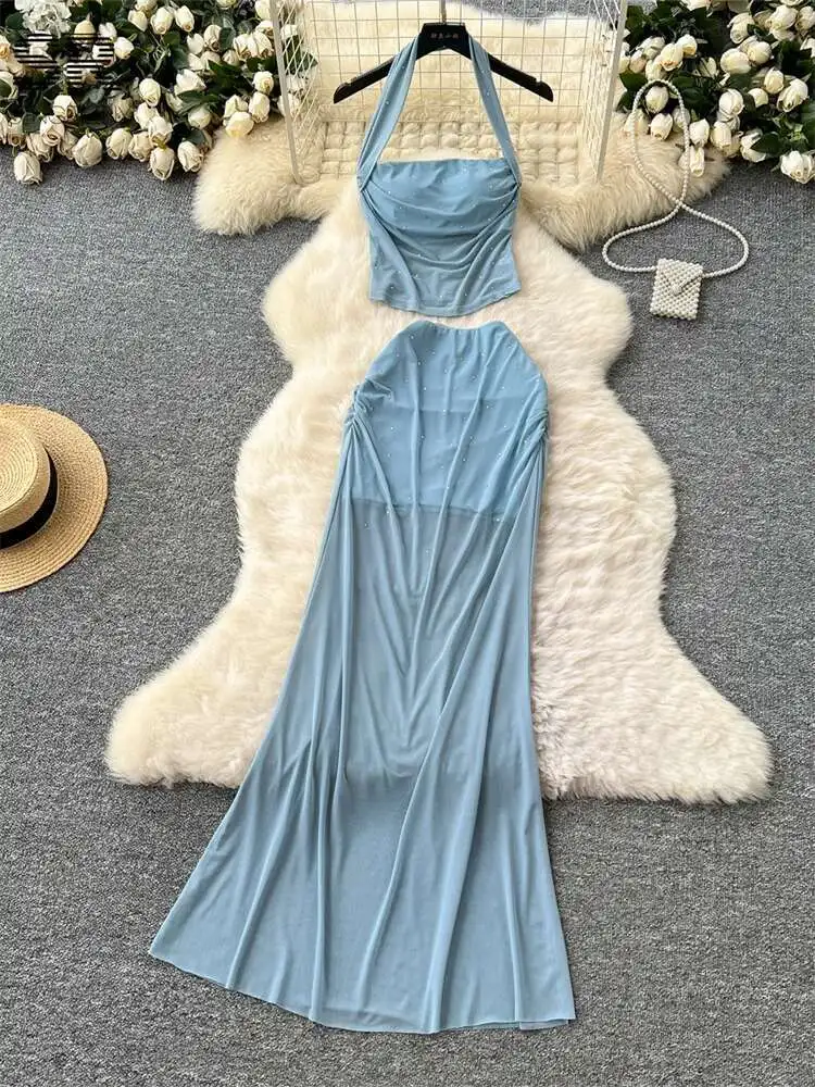 BabYoung Sommer Perlen Zwei Stücke Sets Frauen Halter Crop Top + Sheer Solide Bodycon Langen Rock Mesh Sexy Urlaub 2 stücke Anzüge