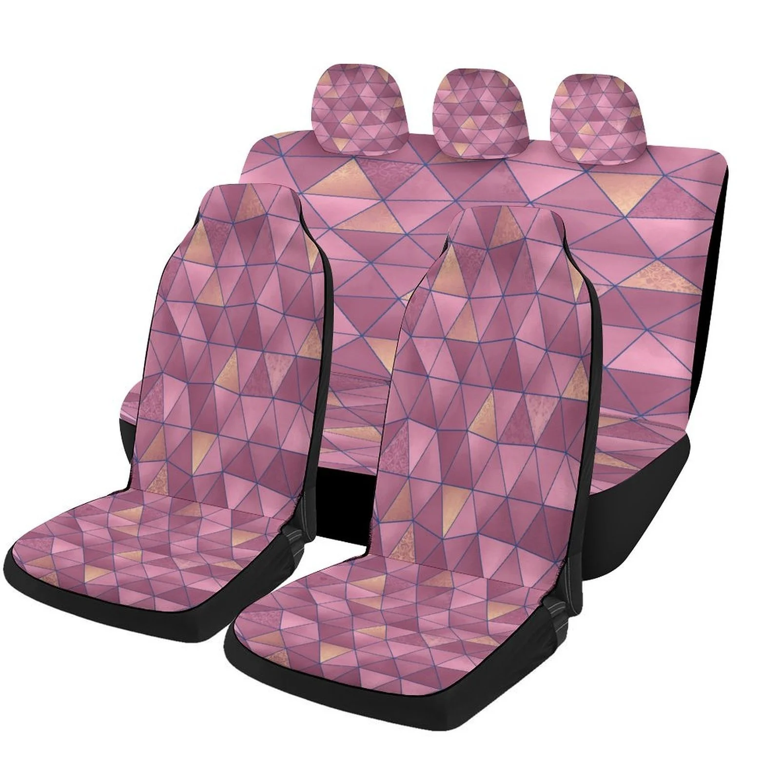 Geometric Pattern Car Seat Cover Set - Trendy High-Quality Polyester Full Set For 2 Front & Rear Seats, With Stripes Design, Uni