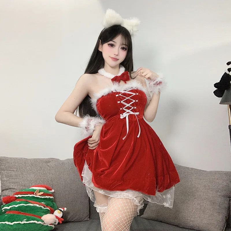 

New Christmas wear with Spice girls sexy white velvet bodice red dress set Christmas party stage atmosphere skirt