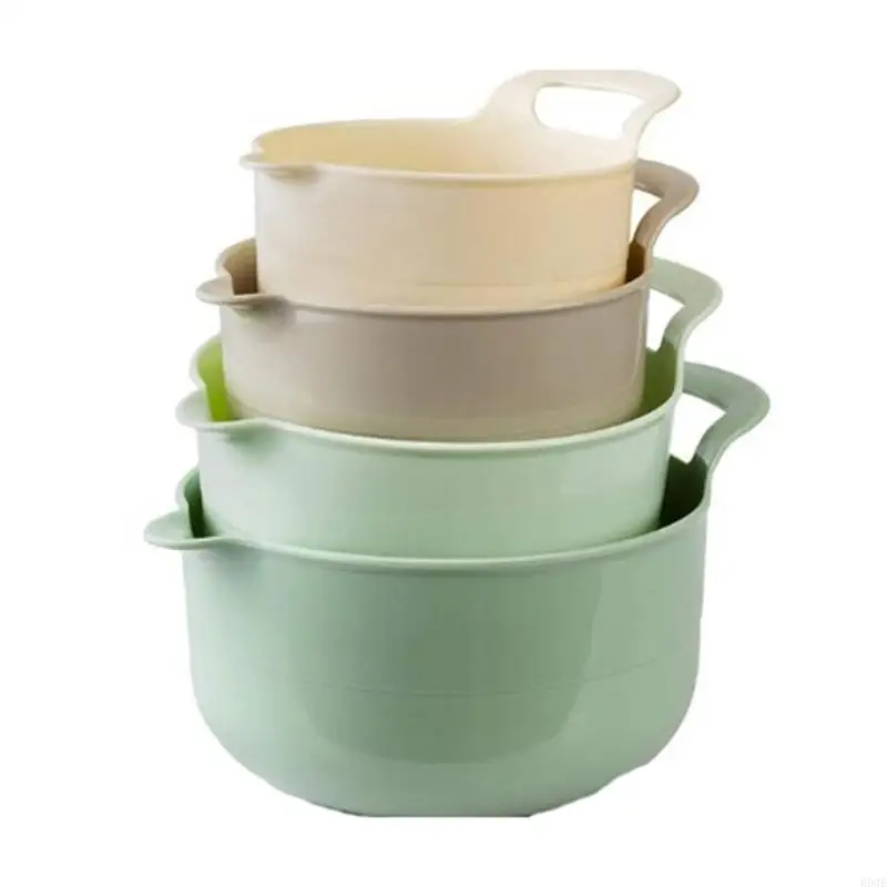 4 Piece Plastic Mixing Bowl Collection with Hand Holds, Pour Lip, and Space Saving Salad and Serving Kitchen Bowls B03E