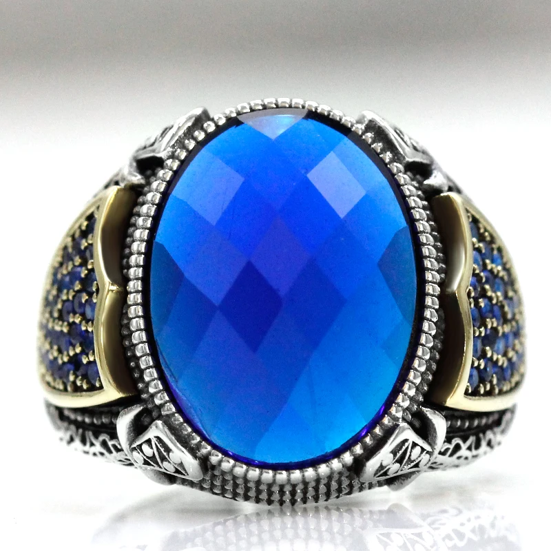 Punk Hip Hop s925 Sterling Silver Türkiye Men\'s Handmade Ring Fashion Blue Glass Stone Luxury Valentine\'s Day Party Jewelry Gift