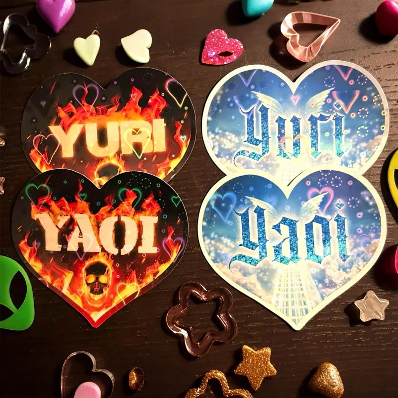 Yaoi Yuri Stickers Holographic Heart Shape Waterproof Vinyl Decals For Laptop Phone Luggage Notebook BL GL Anime Fan Art Gift