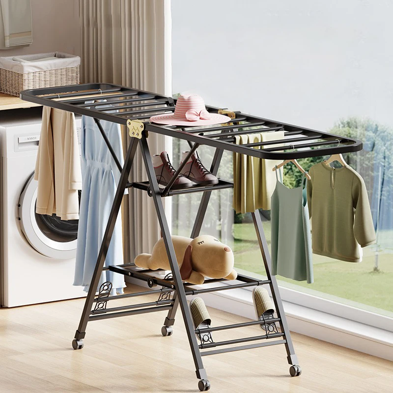 

Foldable Floor Clothes Drying Rack 3-Tier 1.8m Width, Carbon Steel with Windproof Strips & Shoe Rack,Mobile Wheels with Lock