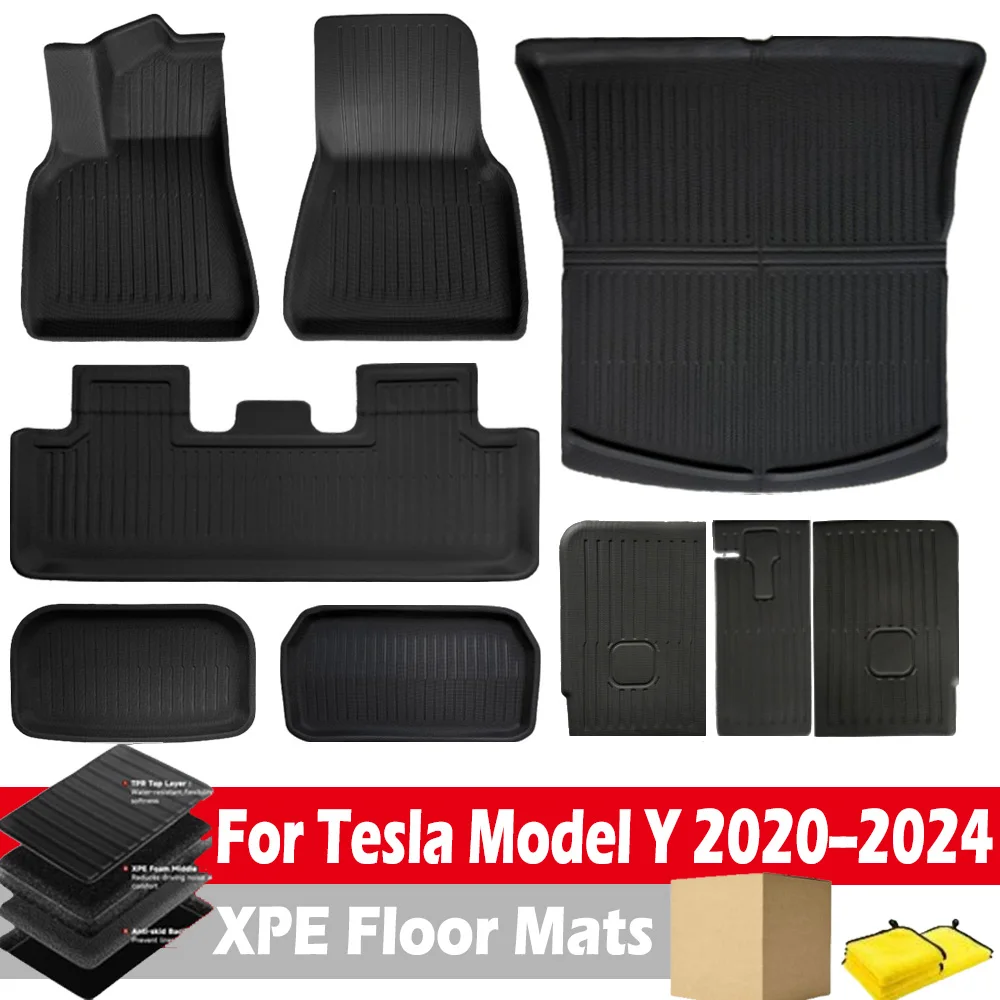 For Tesla Model Y 2021-2024 XPE Floor Mats，RHD LHD Floor Mats All Weather Trunk Floor Mat Waterproof Non-Slip Cargo Liner