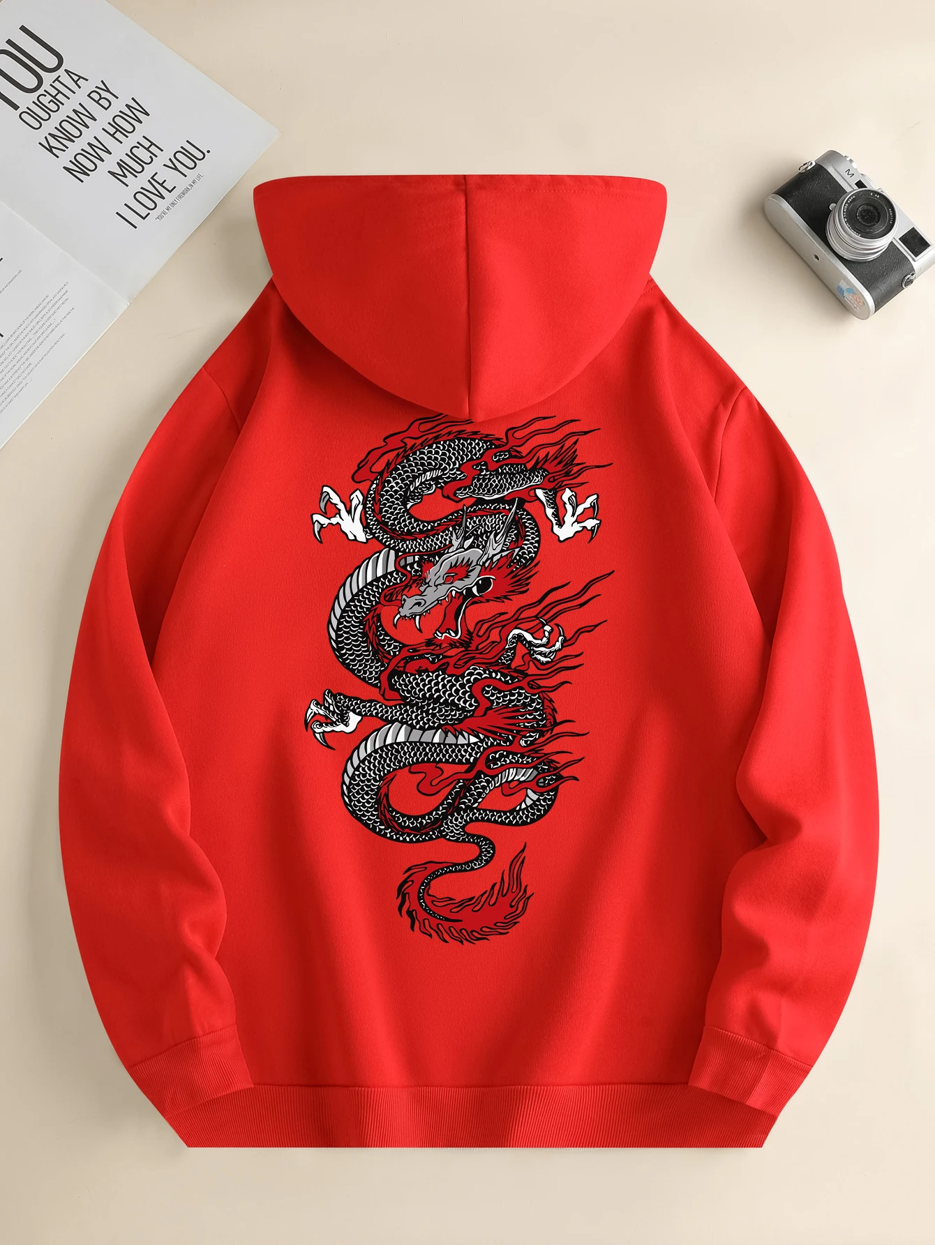 Men\'s new fashion hoodie, casual daily drawstring hooded sweatshirt dragon print, front kangaroo pocket, men\'s jacket