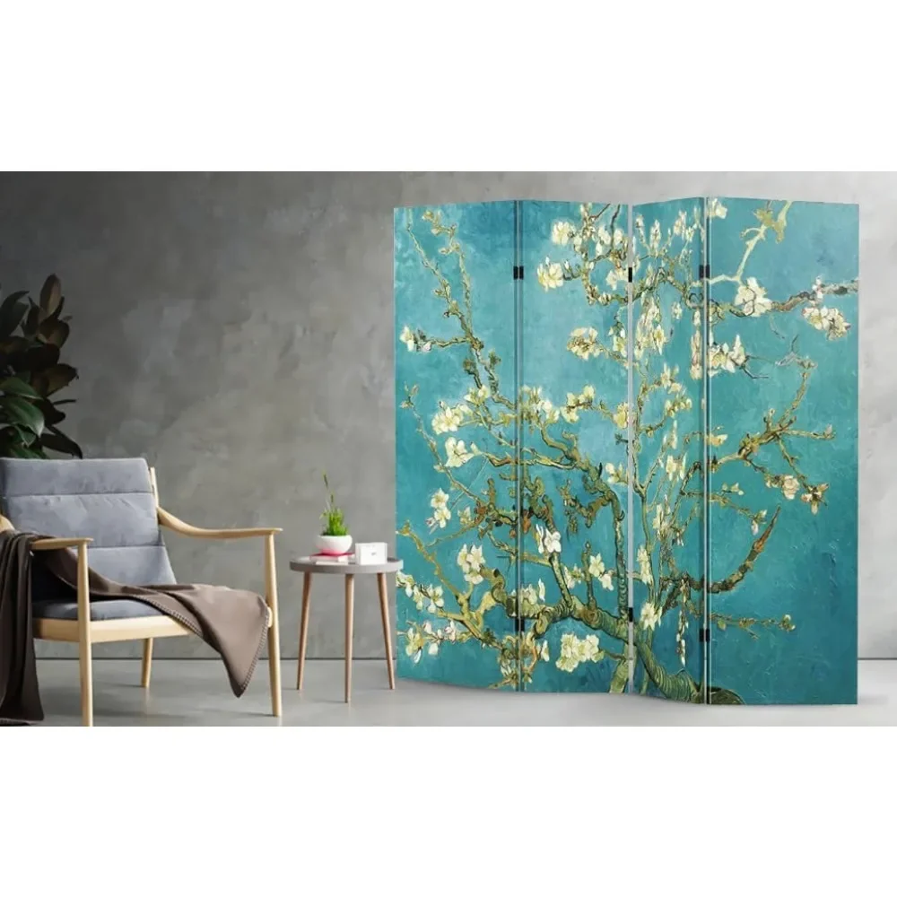 Curtain, 4 Panels Privacy Screen Room Divider Partition with Vincent Van Gogh Almond Blossom Canvas, Water Resistant Wood Frame