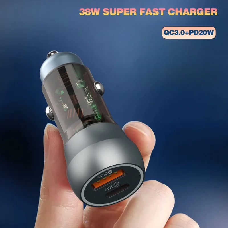 38W 2 Port Mini Car Charger with Super PD20W QC3.0 Fast Charging USB car Cigarette Lighter Adapter Transparent Design for phones