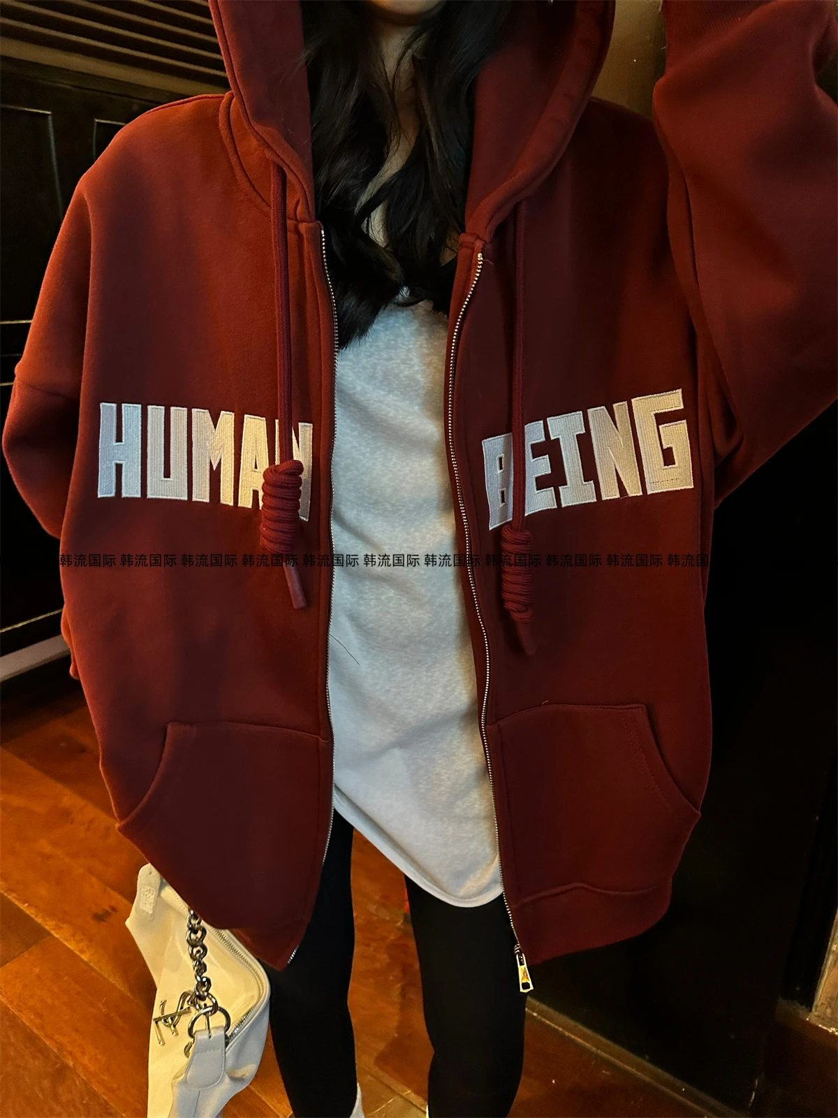 Rose Red Fleece Mid Length Zipper Sweatshirts Hoodie Trendy Letter Embroidered Hooded Top Oversize Hoodie Cardigan Women