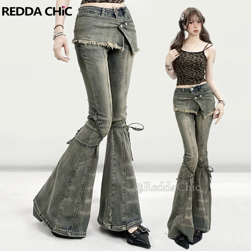 

REDDACHiC Dirty Green Women's Flare Jeans Whiskers Bandage Fake Two-piece Stretchy Slim Low Waisted Pants Vintage Y2k Streetwear